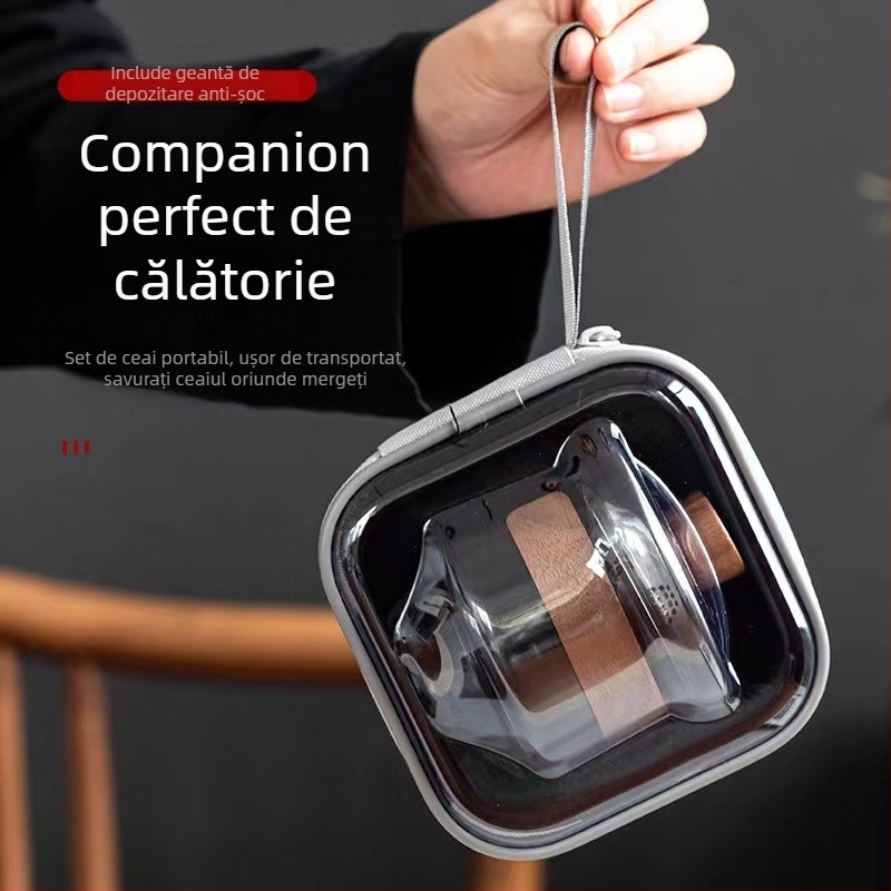 Set de ceai din sticlă termorezistentă cu capac și ceașcă — portabil pentru călătorii