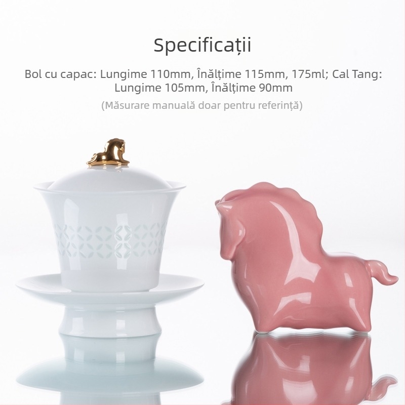 De Ding 2026 Anul Calului - Gaiwan din porțelan cu trei părți pentru prepararea ceaiului acasă, ornament pentru ceai, cadou de amintire pentru anul zodiacal