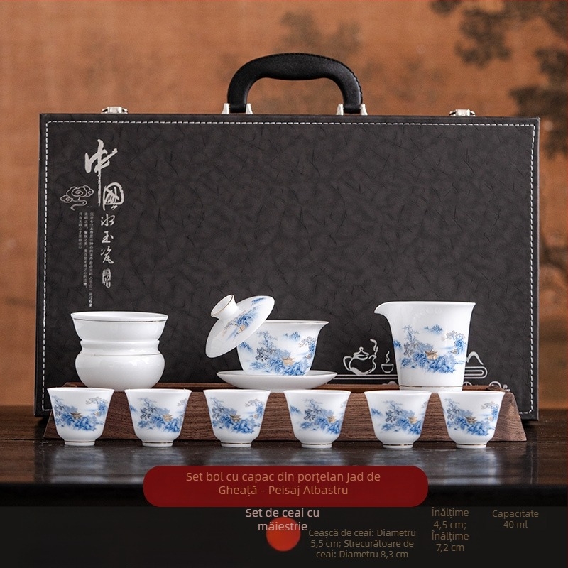 Set ceai Kung Fu din porțelan Ice Jade, cu oală cu capac și ceașcă – set ceramic într-o cutie cadou pentru casă și birou