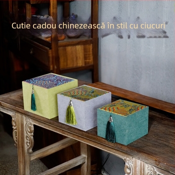 Cutie cu ciucuri brocart pentru depozitarea brățărilor, mărgele budiste și accesorii de ceai