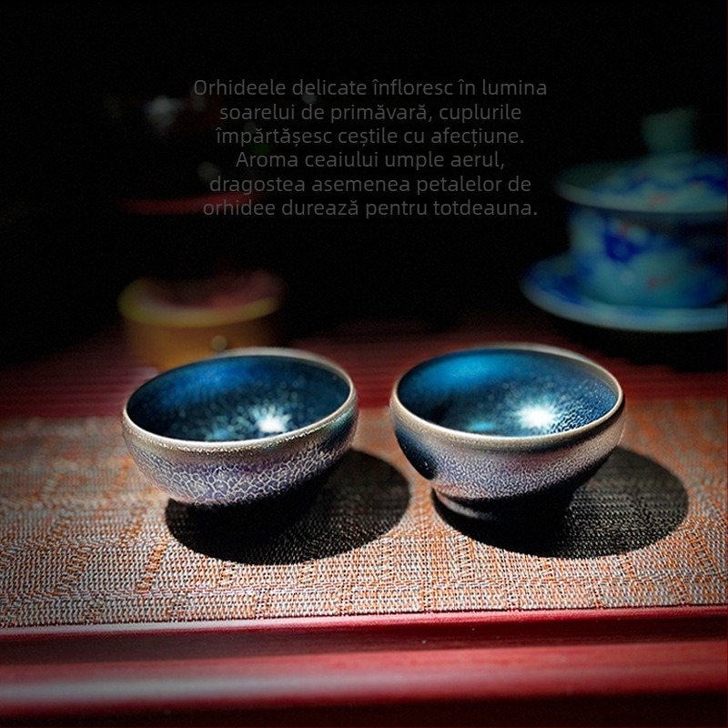 Pereche Jian Ware cu glazură Oil-Drop, set ceramic de ceai, corp din fier, realizat manual