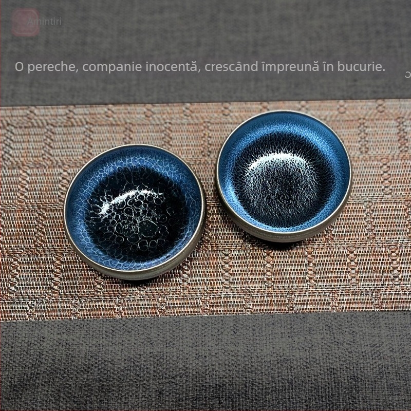 Pereche Jian Ware cu glazură Oil-Drop, set ceramic de ceai, corp din fier, realizat manual