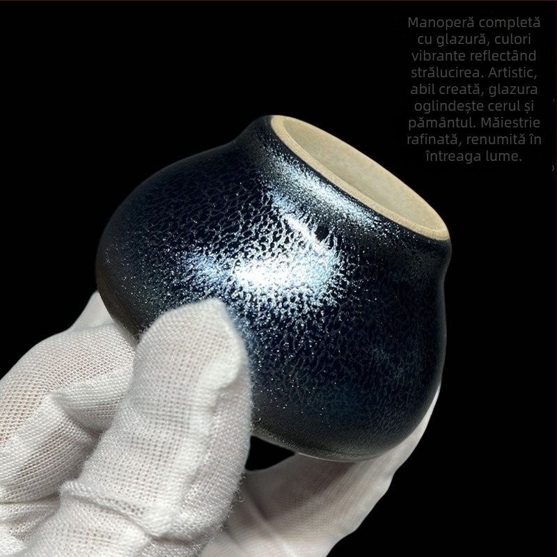 Pereche Jian Ware cu glazură Oil-Drop, set ceramic de ceai, corp din fier, realizat manual