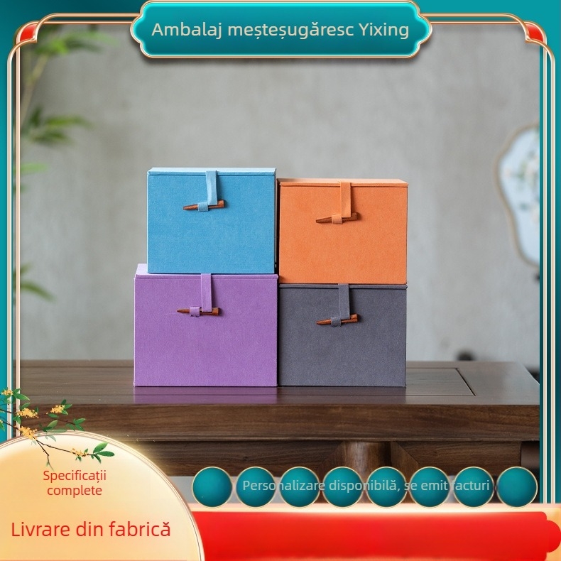 Ceainic Jianzhan din lut mov în cutie cadou brocart cu închizătoare din lemn - include ceainic, recipient pentru ceai și ceașcă gazdă