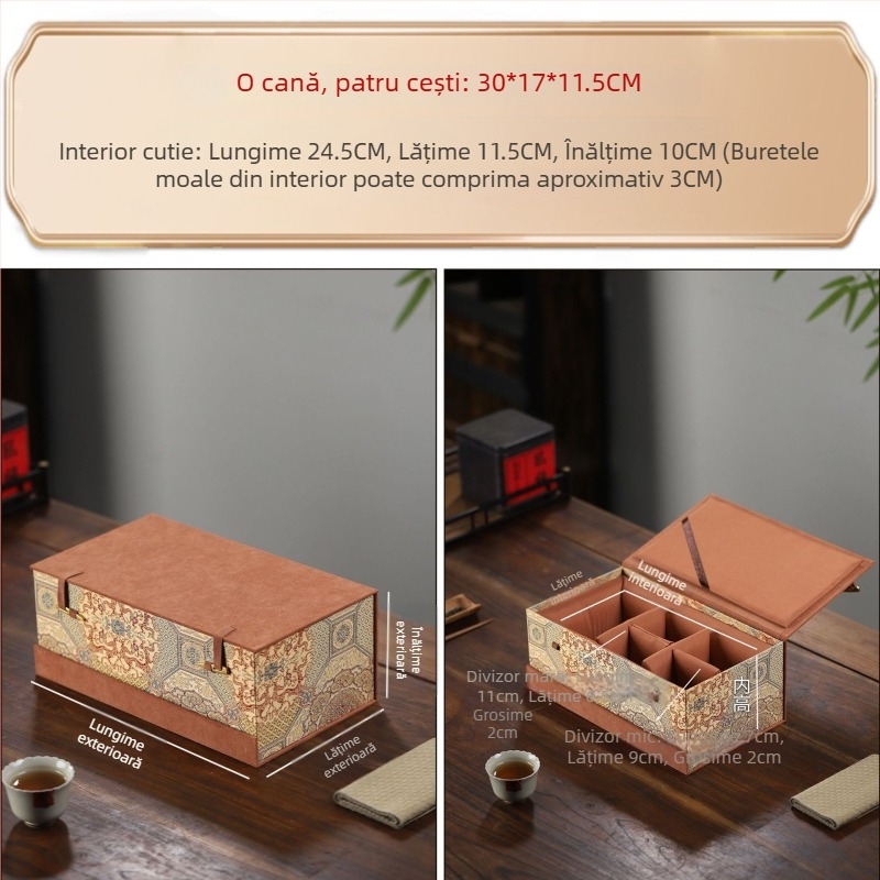 Set caleidoscopic cutie de ceai din lut purpuriu, stil chinezesc nou, gaiwan Jianzhan – cutie cadou brocart