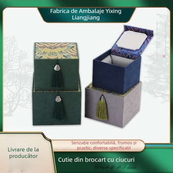 Cutie brodată cu ciucuri de catifea, ceainic din lut purpuriu pentru o singură ceașcă, ceașcă de porțelan pentru ceai și ceașcă Jian ware, cutie de ambalaj