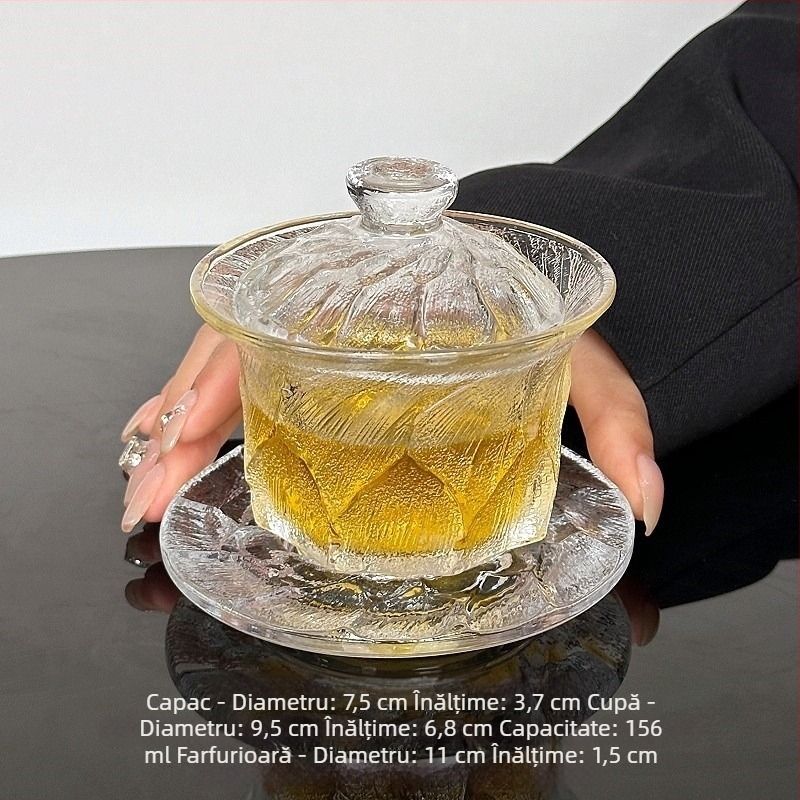 Ceșuță de ceai din sticlă cu capac și farfurie, set de ceai în stil japonez Kung Fu, accesorii pentru degustare de ceai