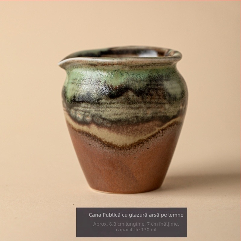Set de ceai din ceramică, lucrat manual, cu glazură arsă pe lemn, în stil antic, include cupa de distribuție a ceaiului și un recipient pentru ceai pentru ceremonia Gongfu.