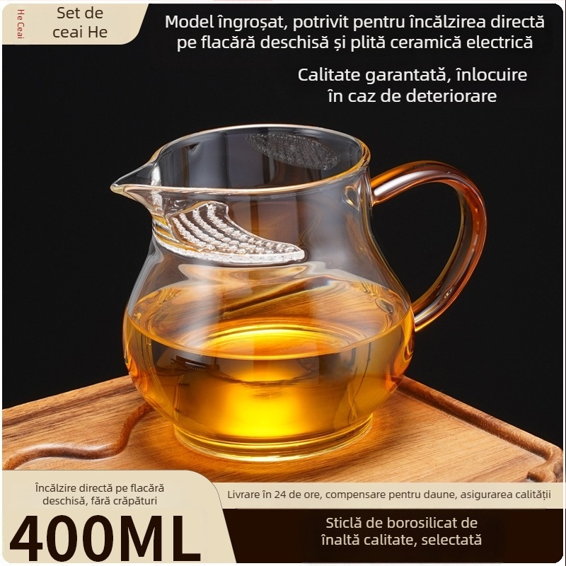 Pahar Gongfu din sticlă borosilicat de înaltă calitate, cu filtru integrat și separator de ceai, potrivit pentru încălzire directă, etanș la scurgeri
