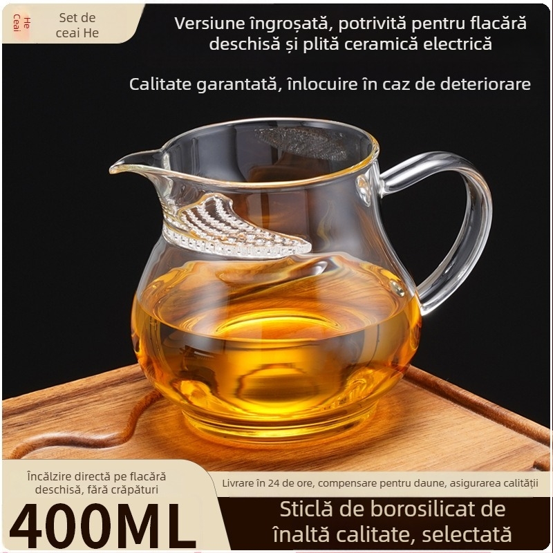 Pahar Gongfu din sticlă borosilicat de înaltă calitate, cu filtru integrat și separator de ceai, potrivit pentru încălzire directă, etanș la scurgeri
