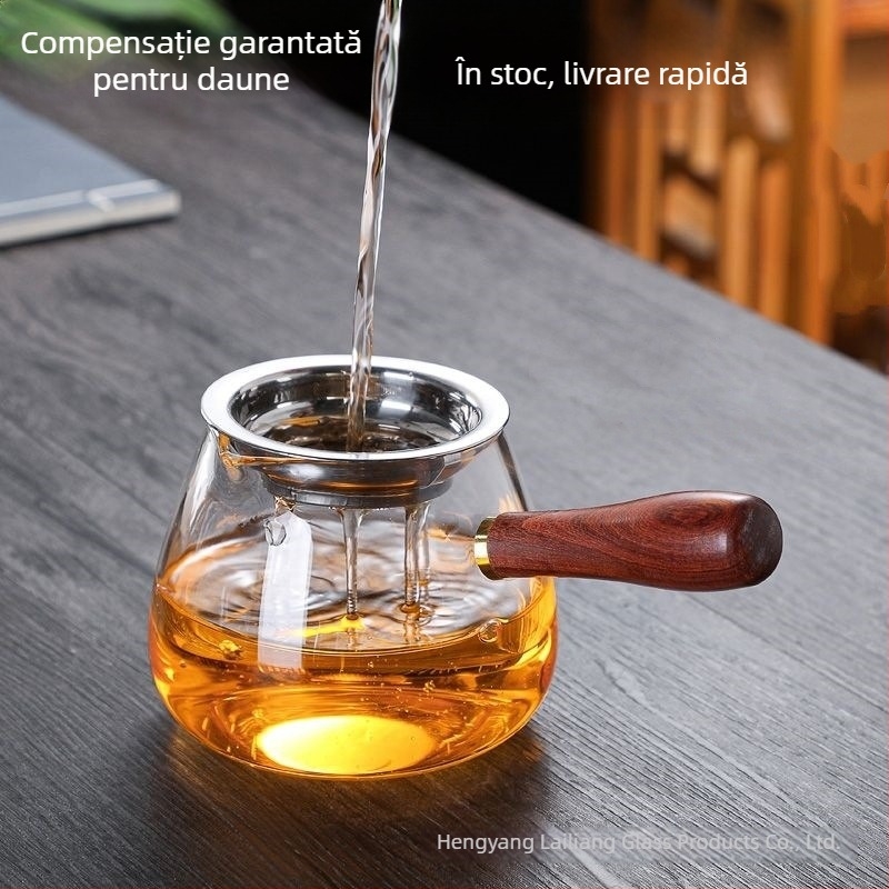 Ceșuță de sticlă cu mâner lateral din lemn, pentru distribuție uniformă într-un set Kung Fu, recipient transparent pentru ceai
