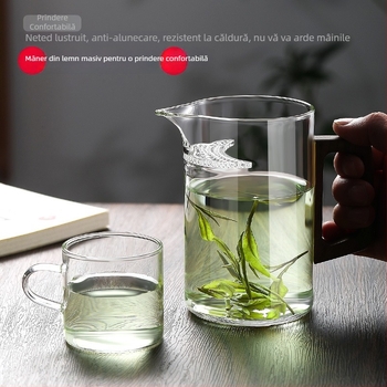 Ceașcă cu mâner din lemn, formă semilună, din sticlă borosilicat de înaltă rezistență, cu filtru pentru ceai și separator, ceainic rezistent la temperaturi