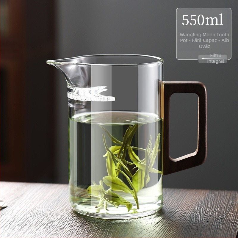 Ceașcă cu mâner din lemn, formă semilună, din sticlă borosilicat de înaltă rezistență, cu filtru pentru ceai și separator, ceainic rezistent la temperaturi