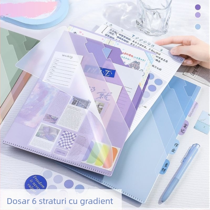 Mapă gradient în formă de L, deschidere amplă, capacitate mare, organizator cu 6 compartimente pentru documente ale elevilor
