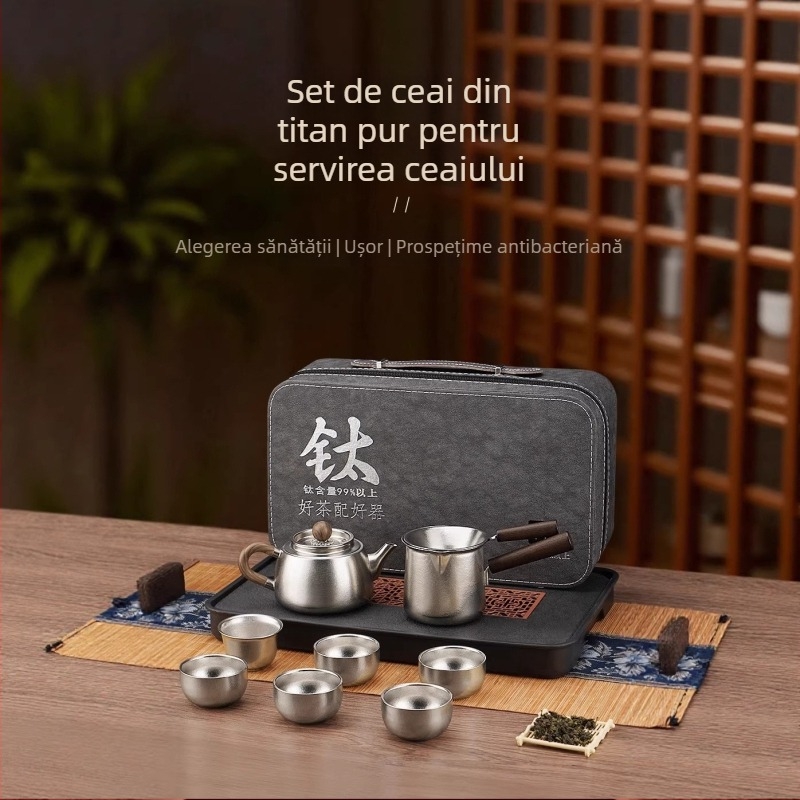 Set ceainic din titan pur pentru ceai Kung Fu, pentru casă și drumeții, cadou premium de lux