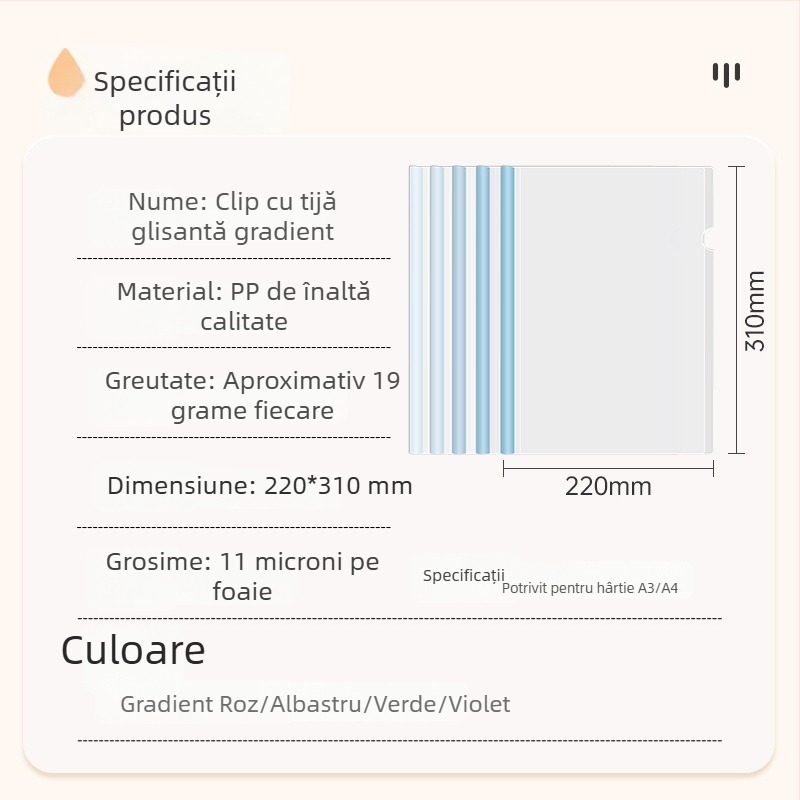 Dosar A4 cu clemă cu levier, transparent, întărit, în nuanțe Morandi, pentru elevi