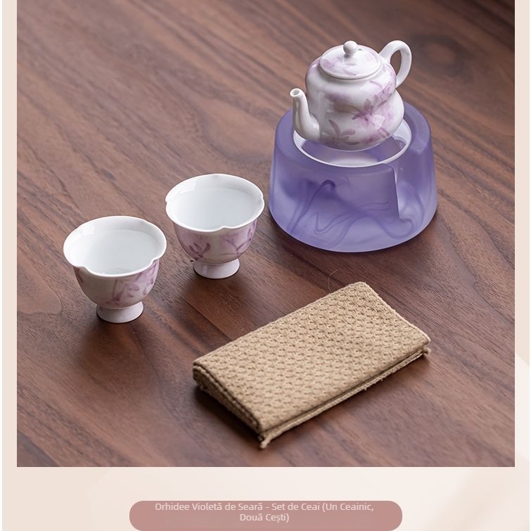 Set de ceainic pictat manual Twilight Purple Heart pentru uz casnic, include ceainic, cești și bază încălzitoare cu lumânare