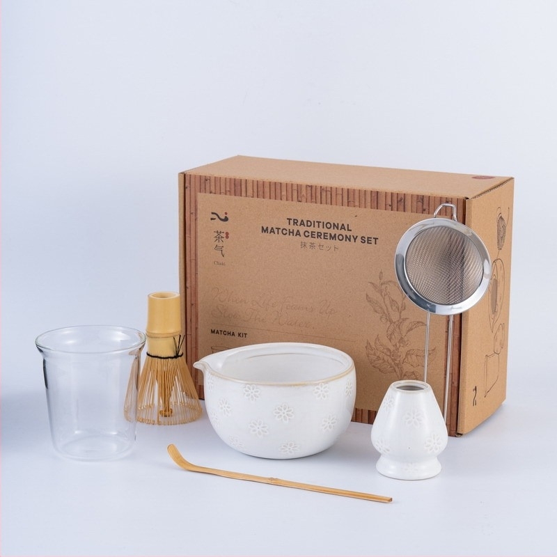 Set de ceai Matcha în stil japonez, ceramică cu gravură florală, șase piese pentru ceremonia ceaiului