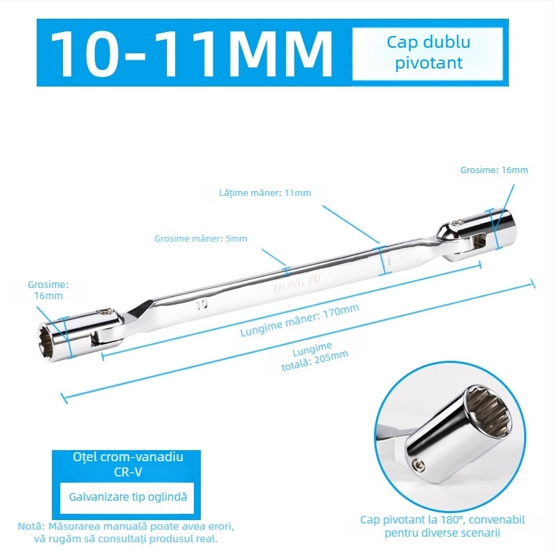 Hongtu cheie cu soclu cu două capete, cap rotativ în formă de floare, cap mobil înclinat, 8–22 mm