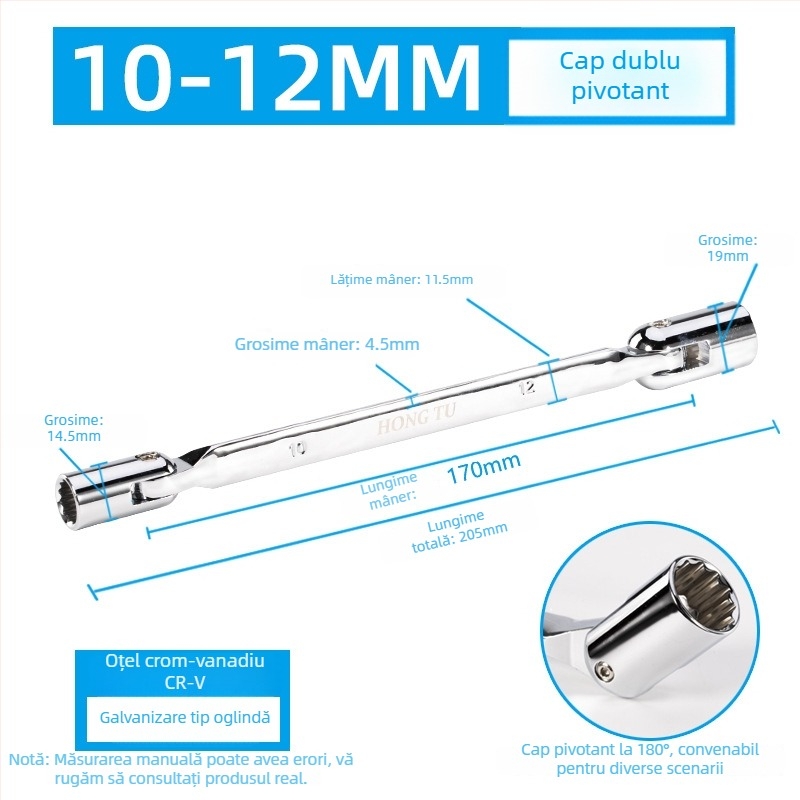 Hongtu cheie cu soclu cu două capete, cap rotativ în formă de floare, cap mobil înclinat, 8–22 mm