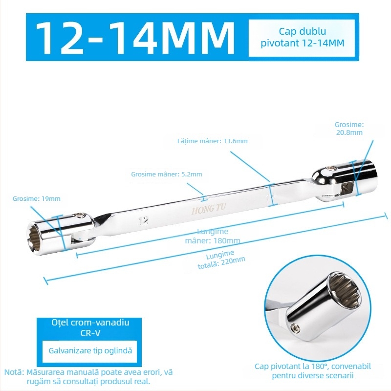 Hongtu cheie cu soclu cu două capete, cap rotativ în formă de floare, cap mobil înclinat, 8–22 mm