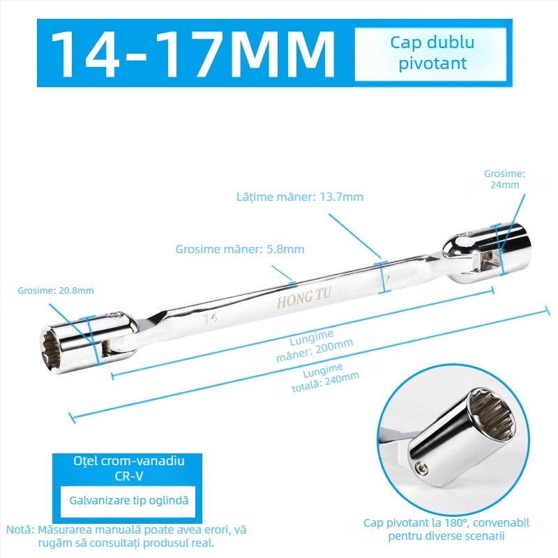 Hongtu cheie cu soclu cu două capete, cap rotativ în formă de floare, cap mobil înclinat, 8–22 mm