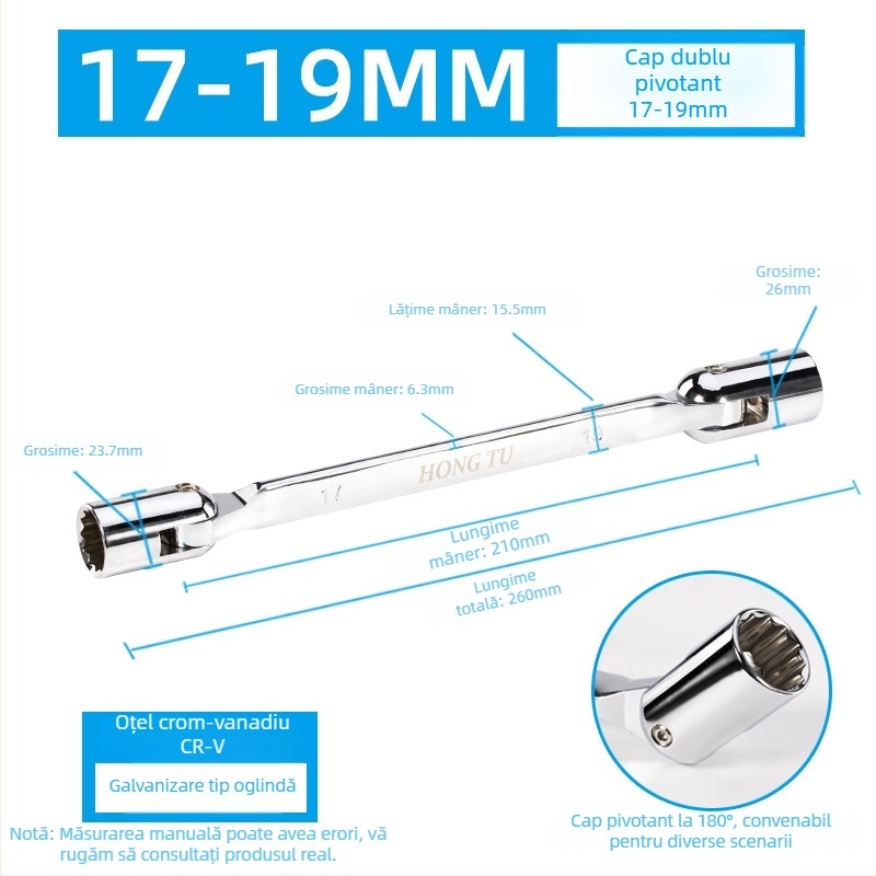 Hongtu cheie cu soclu cu două capete, cap rotativ în formă de floare, cap mobil înclinat, 8–22 mm