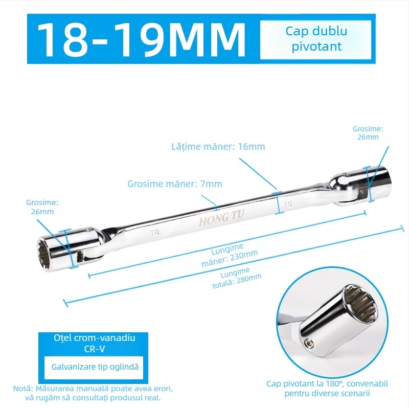 Hongtu cheie cu soclu cu două capete, cap rotativ în formă de floare, cap mobil înclinat, 8–22 mm