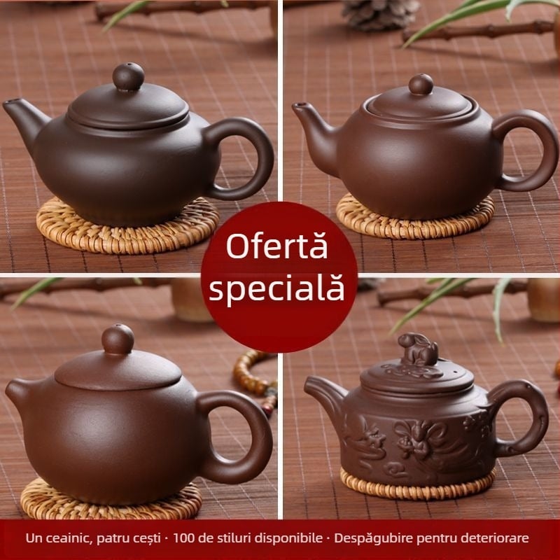 Ceainic din lut mov cu patru cești, set Gongfu compact, ceramică Yixing, ceainic cu filtru din lut roșu, capacitate mare