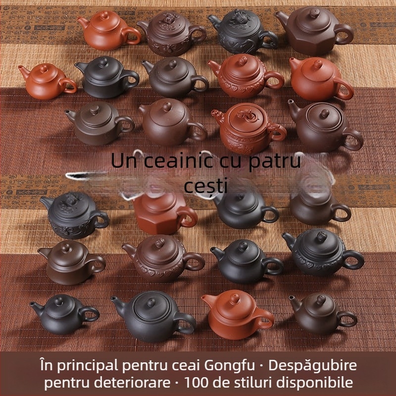 Ceainic din lut mov cu patru cești, set Gongfu compact, ceramică Yixing, ceainic cu filtru din lut roșu, capacitate mare