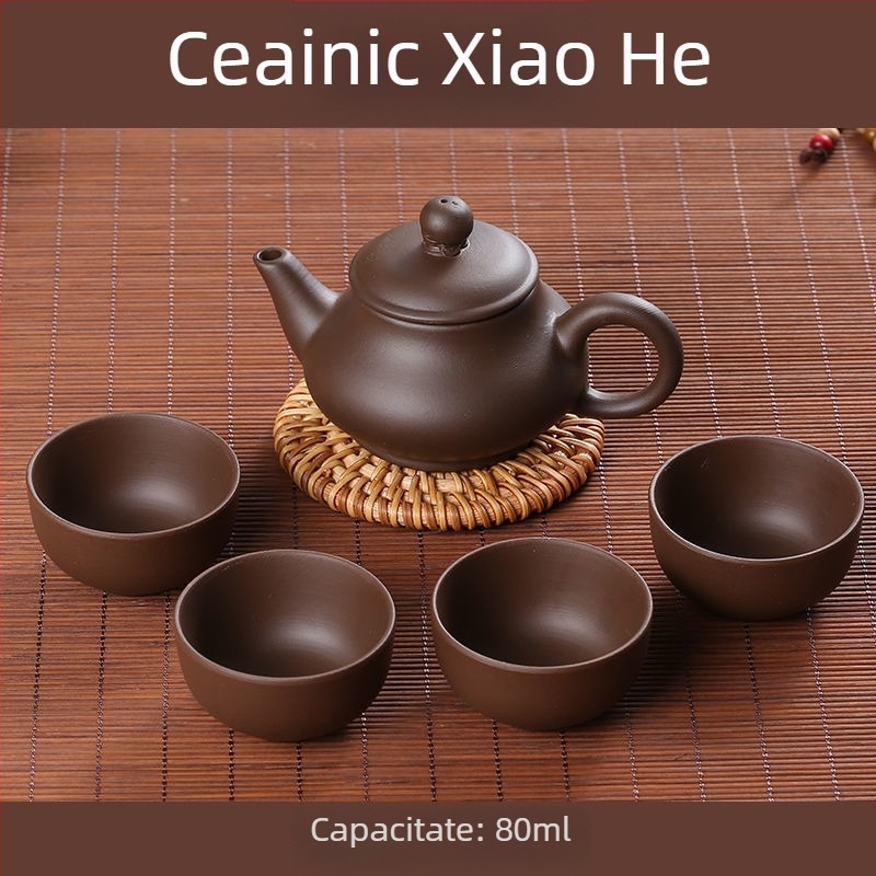 Ceainic din lut mov cu patru cești, set Gongfu compact, ceramică Yixing, ceainic cu filtru din lut roșu, capacitate mare