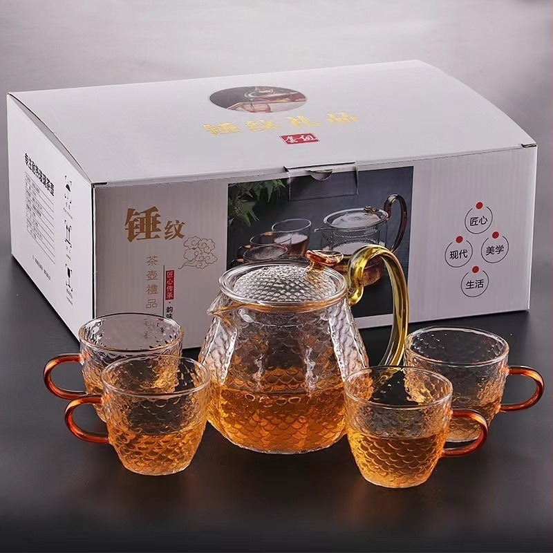 Ceainic din sticlă cu model ciocan și motiv dragon, filtru, sticlă borosilikată înaltă pentru fierberea apei