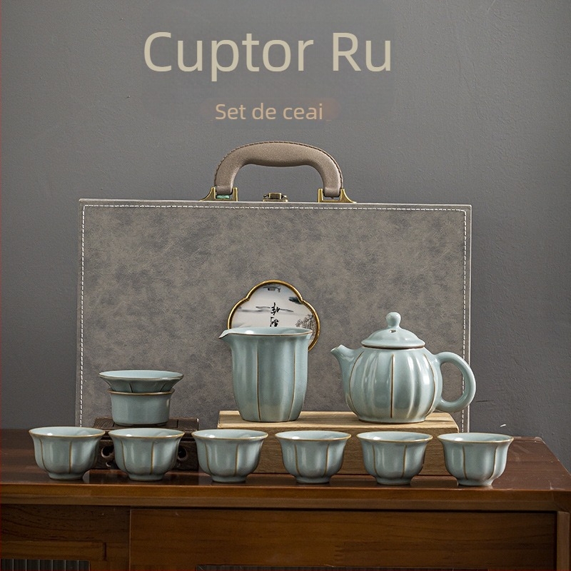 Set Kung Fu ceai cu formă de petală, ceramic Ru Kiln, pentru uz casnic, ceainic și cești în stil chinezesc