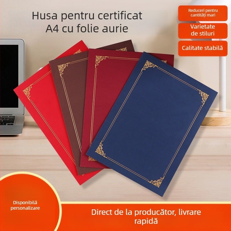 Copertă pentru certificat A4 cu timbru auriu, hârtie specială groasă, dosar protector pentru diplome