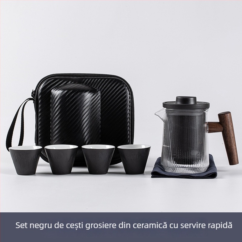 Set ceramic exterior pentru ceai cu ceainic și patrucești – compact pentru călătorie, pentru patru persoane, protecție la arsură