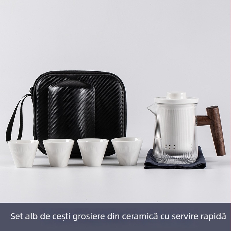 Set ceramic exterior pentru ceai cu ceainic și patrucești – compact pentru călătorie, pentru patru persoane, protecție la arsură