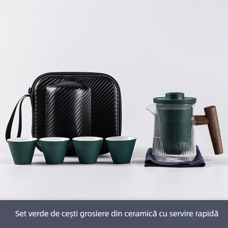 Set ceramic exterior pentru ceai cu ceainic și patrucești – compact pentru călătorie, pentru patru persoane, protecție la arsură
