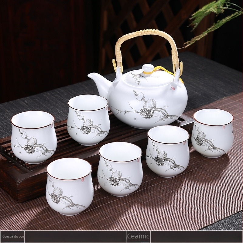Set de ceai Ding Kiln cu mâner ridicat, ceainic ceramic cu filtru și căni, capacitate mare, pentru uz casnic