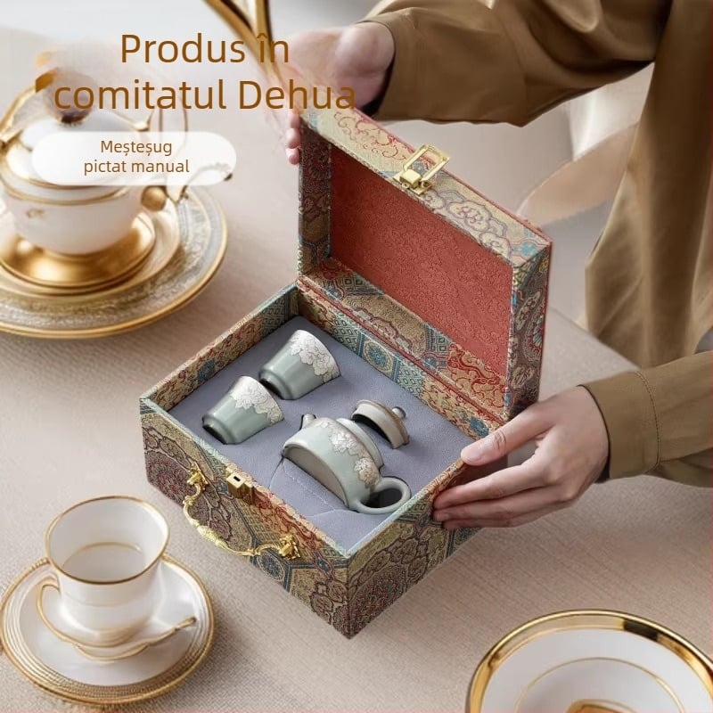 Set de ceai din porțelan Shengbai, cu motiv filigran argintiu în stil bujor chinezesc, ceramic, portabil, cu o ceainică și două cești