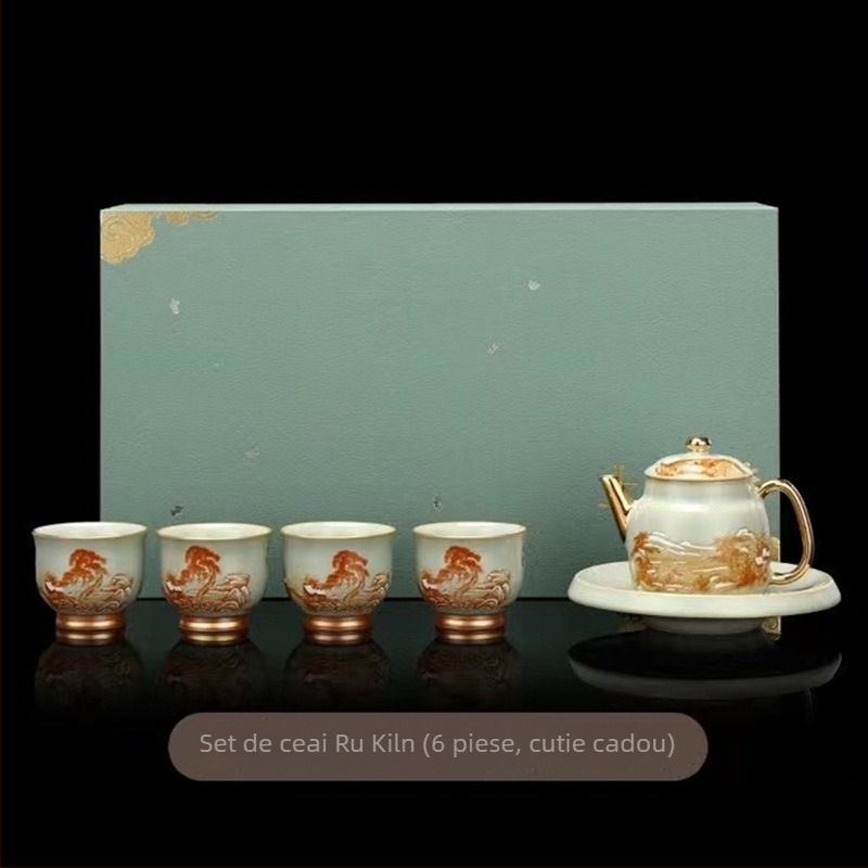Ceainic Ruyao Xishi – Guofeng aurit, ceramică Gongfu ceai pentru uz casnic, glazură crăpată, lux ușor, set cadou, personalizabil
