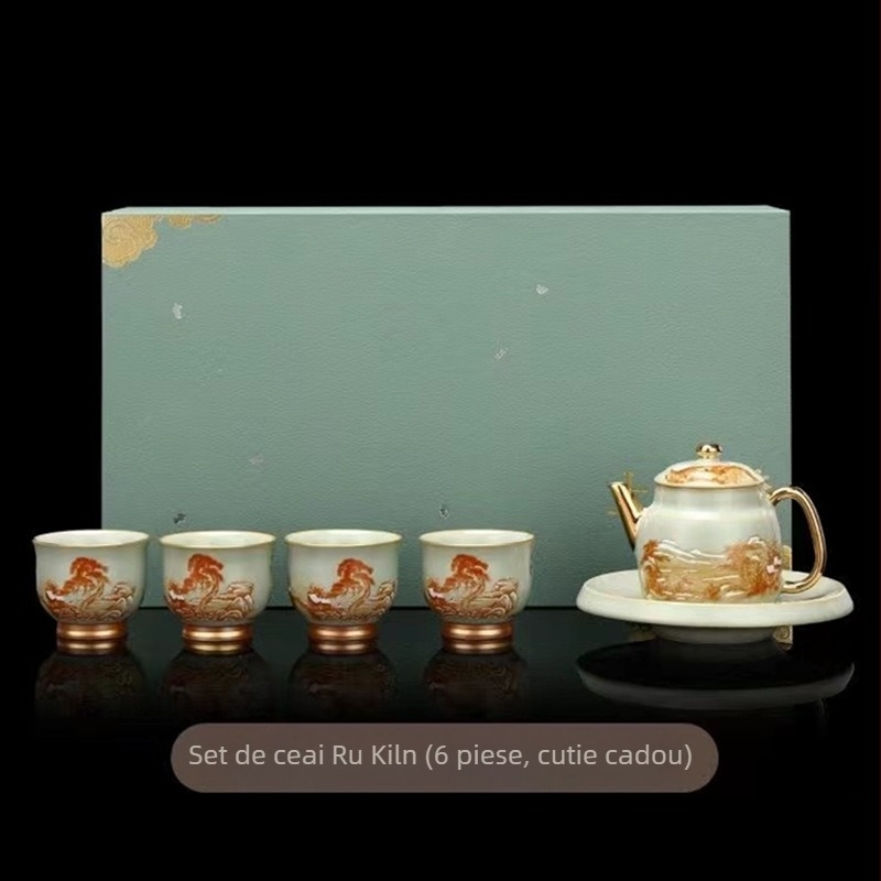 Ceainic Ruyao Xishi – Guofeng aurit, ceramică Gongfu ceai pentru uz casnic, glazură crăpată, lux ușor, set cadou, personalizabil