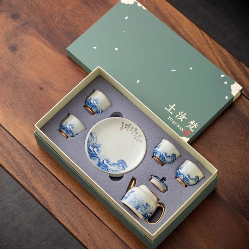 Ceainic Ruyao Xishi – Guofeng aurit, ceramică Gongfu ceai pentru uz casnic, glazură crăpată, lux ușor, set cadou, personalizabil