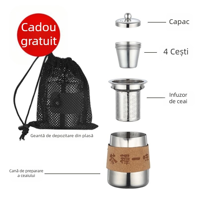 Set de ceai din oțel inoxidabil 304 pentru călătorii și casă – ceainic portabil și cești