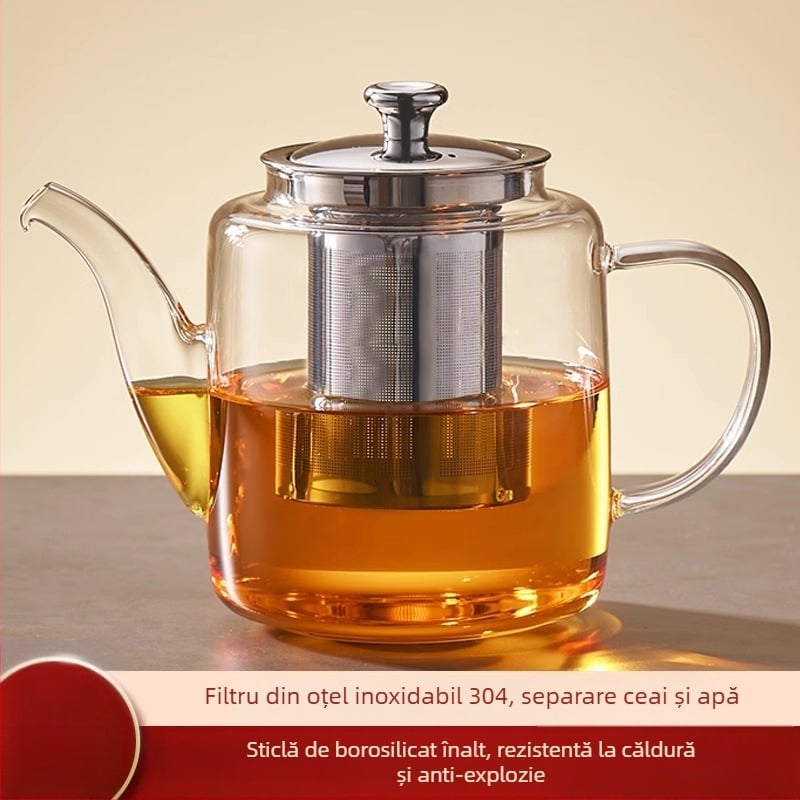Ceainic din sticlă cu capacitate mare pentru uz casnic, sistem de separare ceai-apă, rezistent la temperaturi înalte, sticlă borosilicată