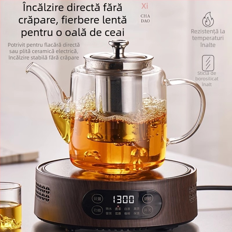 Ceainic din sticlă cu capacitate mare pentru uz casnic, sistem de separare ceai-apă, rezistent la temperaturi înalte, sticlă borosilicată