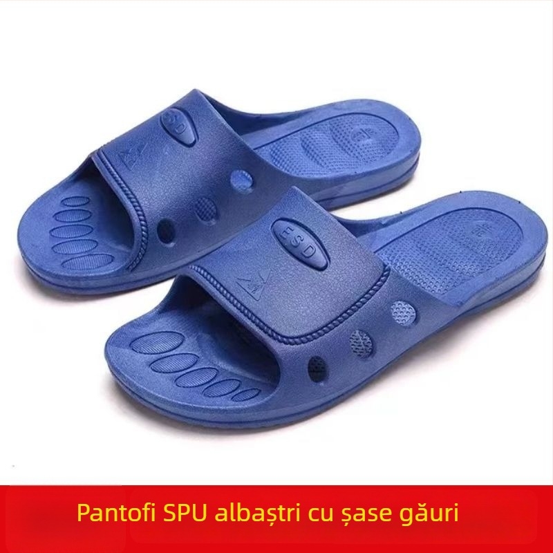 Papuci antistatice pentru atelier electronic fără praf, ESD, talpă SPU moale, cu șase găuri mici, ușori, antiderapante, talpă îngroșată