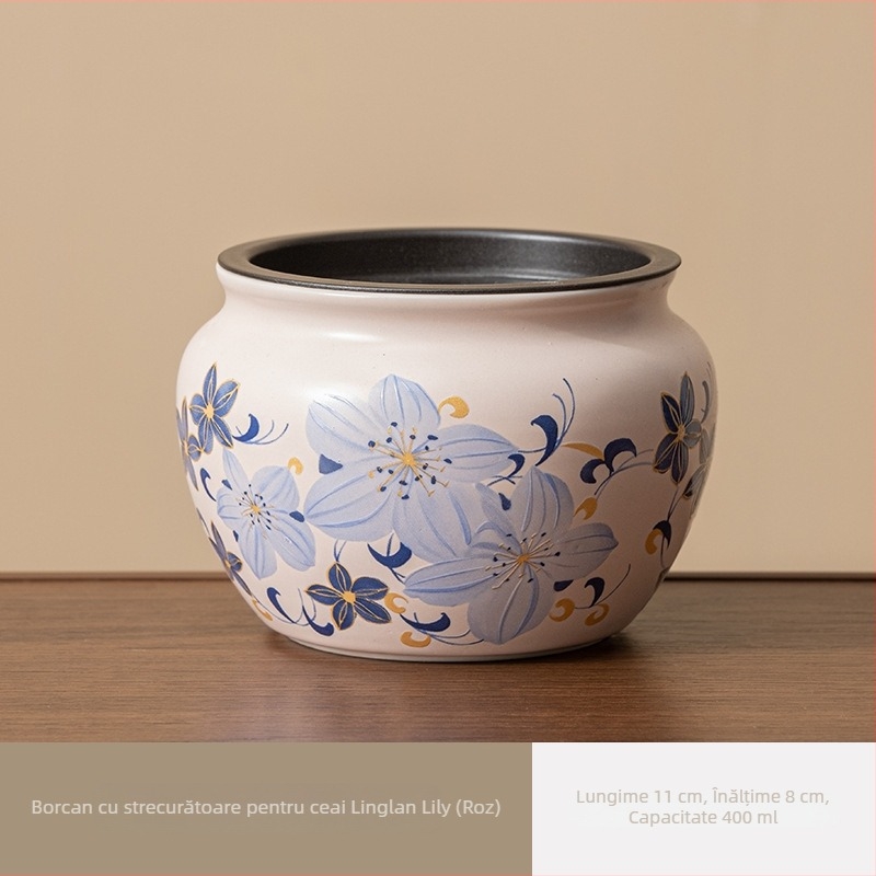 Vas ceramic pentru resturi de ceai, cu separare ceai-apă, compact pentru birou