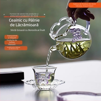 Ceainic de sticlă creativ cu Lily of the Valley și fluture la margine, sticlă borosilikată, stil drăguț