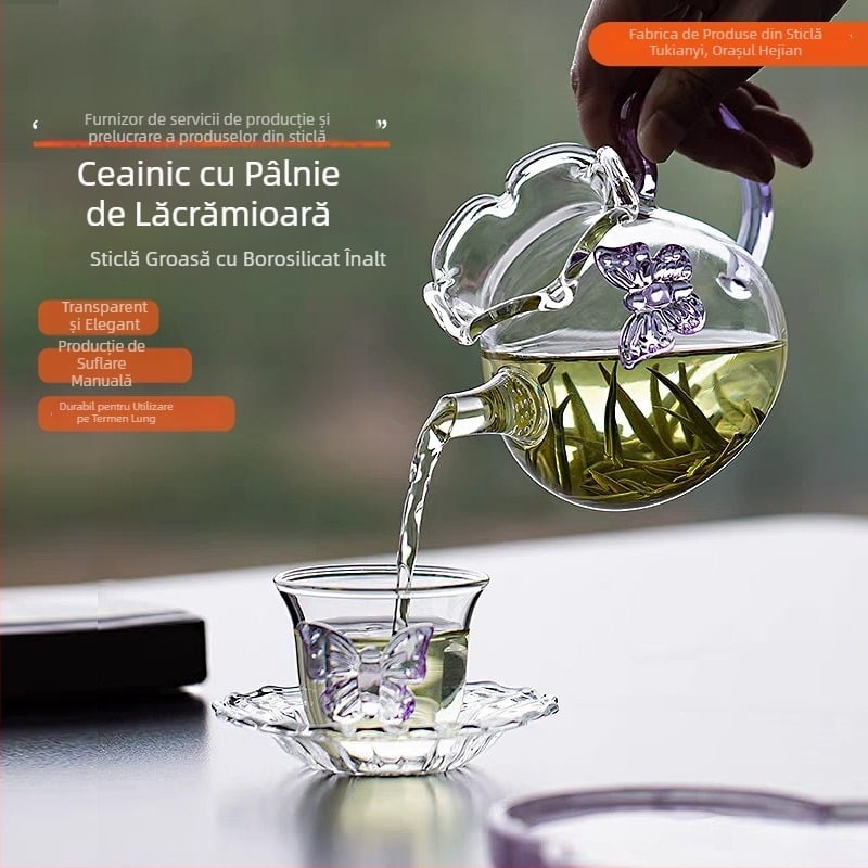 Ceainic de sticlă creativ cu Lily of the Valley și fluture la margine, sticlă borosilikată, stil drăguț