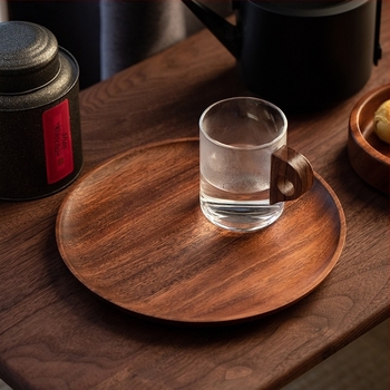 Tăviță rotundă din lemn de nuc, masiv, pentru fructe, ceai și cafea